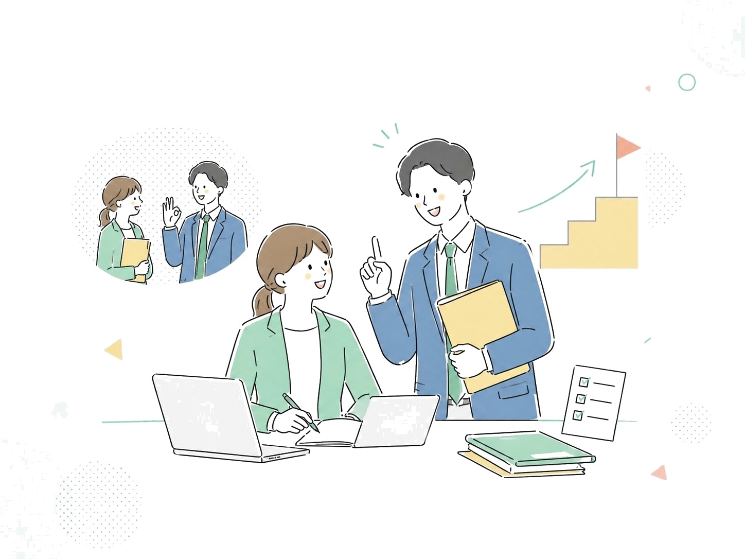 先輩と相談しながら成長するイラスト