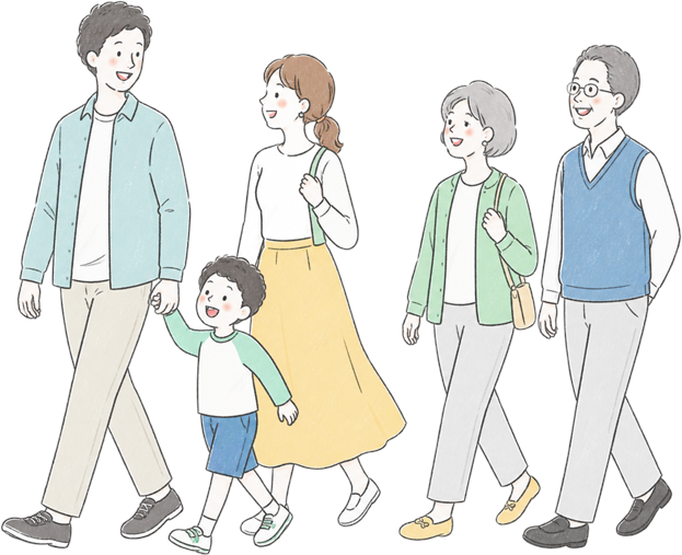 住まいのまわりを歩くご家族のイラスト