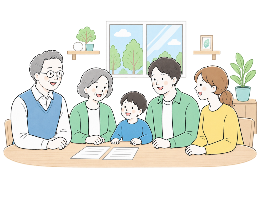 ご家族でテーブルを囲み相続の書類を確認する様子